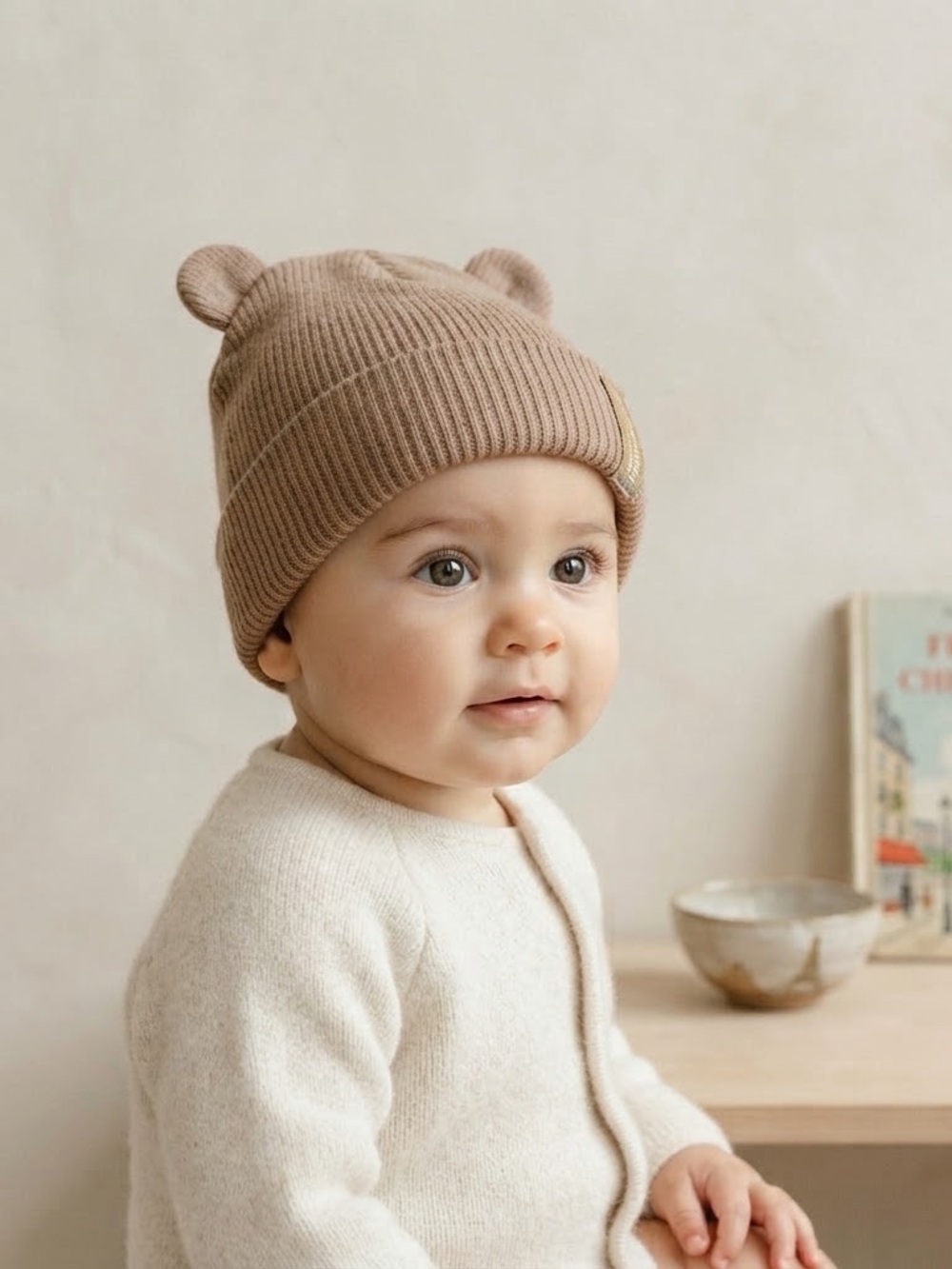 Zara Good Things Ahead Ribbed Teddy Ears Beanie in Pecan